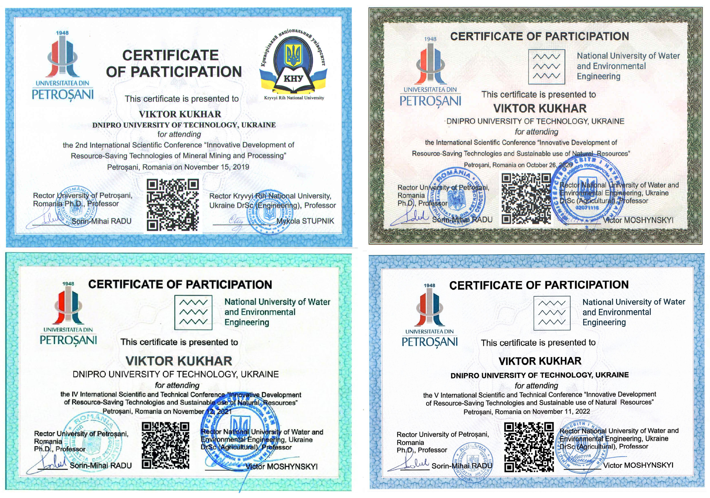 Certificates of participation in international conferences